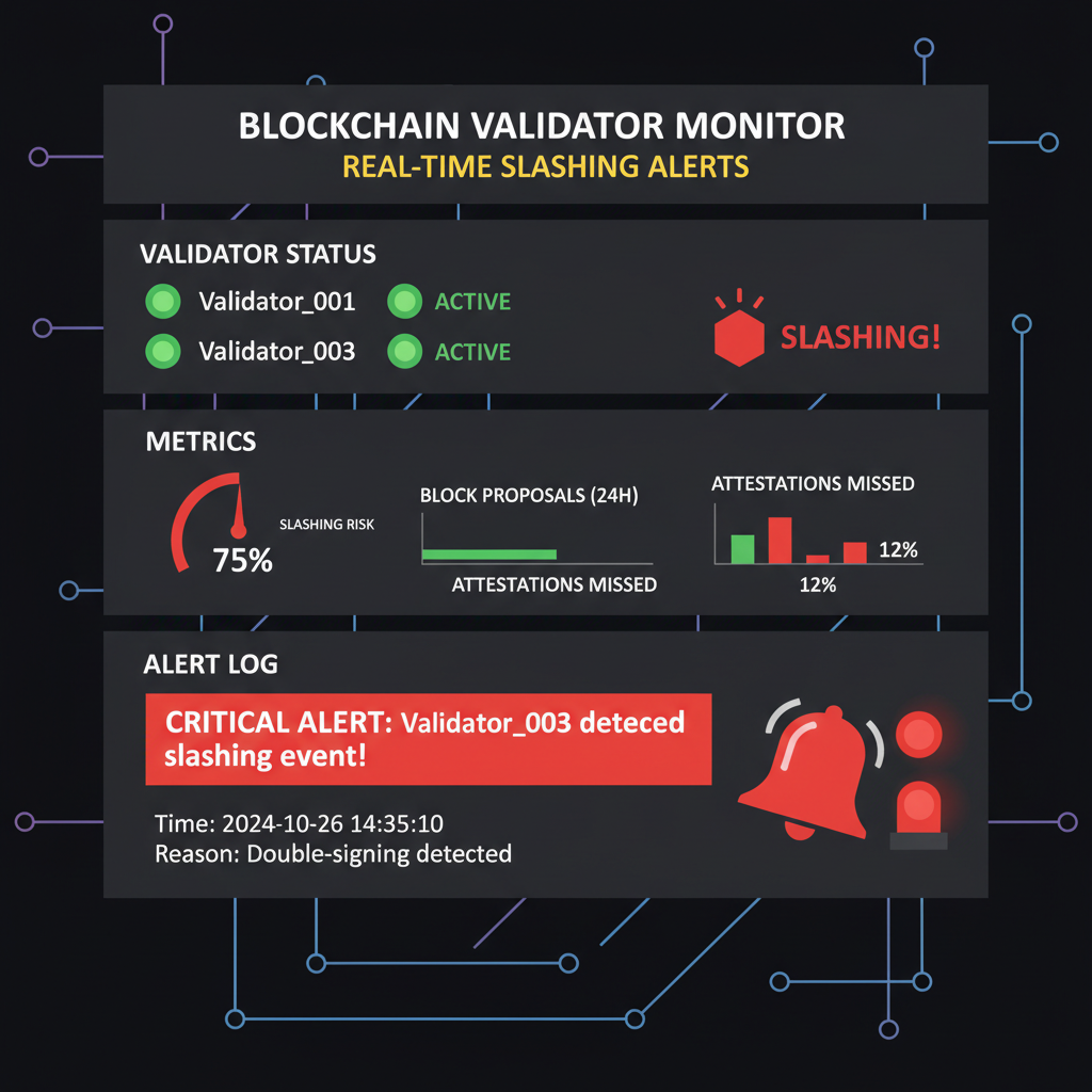 real-time slashing monitor dashboard with alerts on blockchain network, red warning lights, dark mode