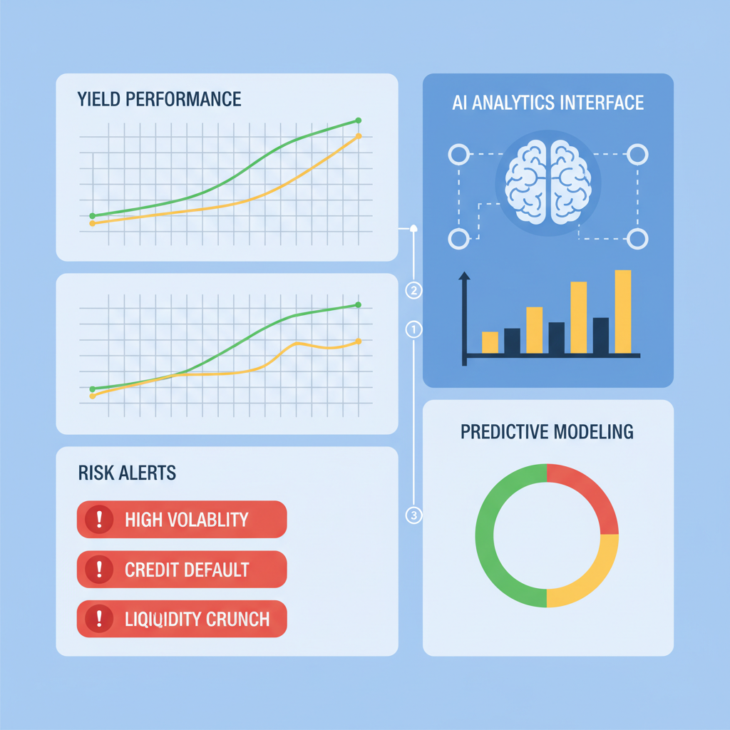 monitoring dashboard with yield charts, risk alerts, AI analytics interface