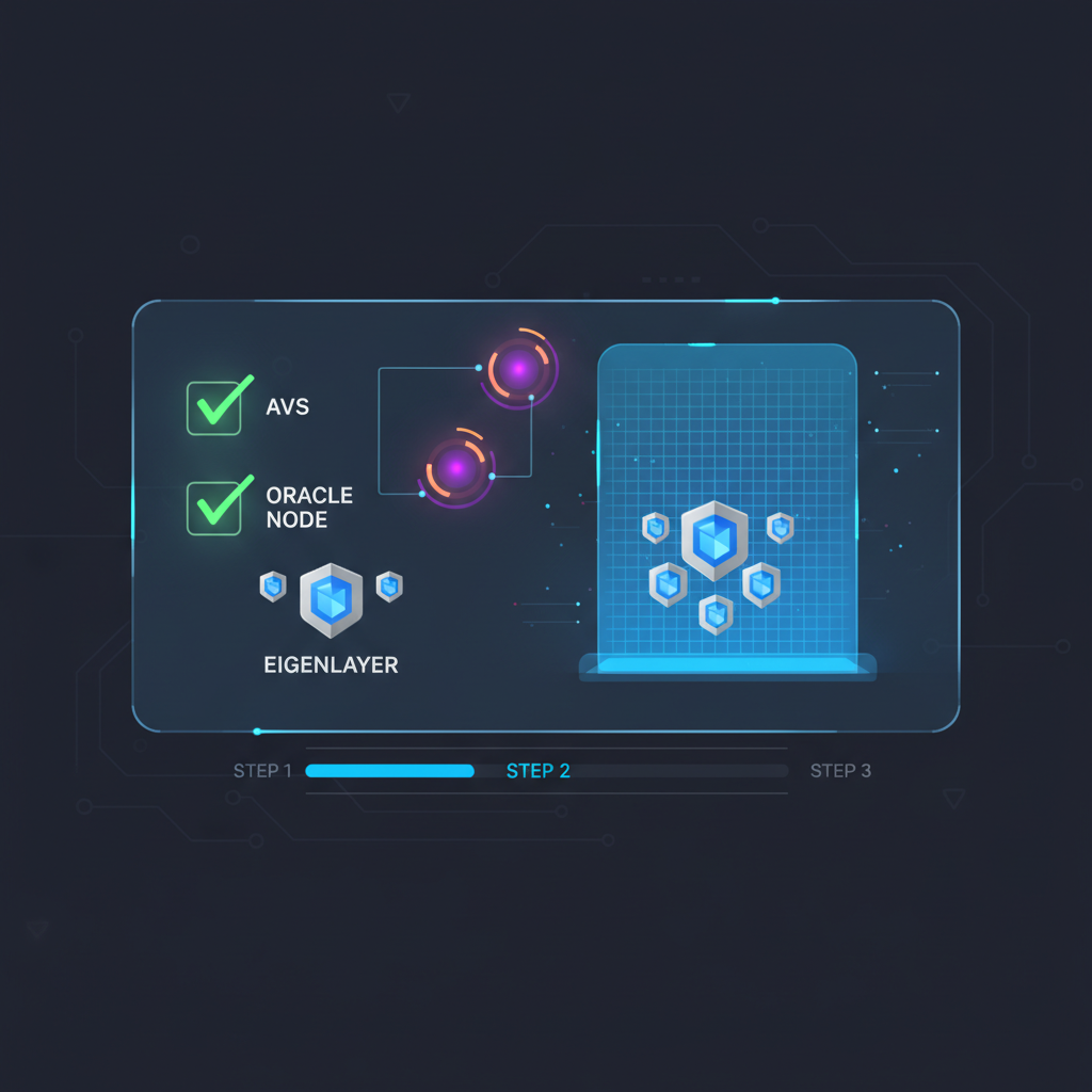 dashboard interface with AVS checkboxes lit up, oracle nodes pulsing, EigenLayer icons, dynamic holographic display, tech futuristic