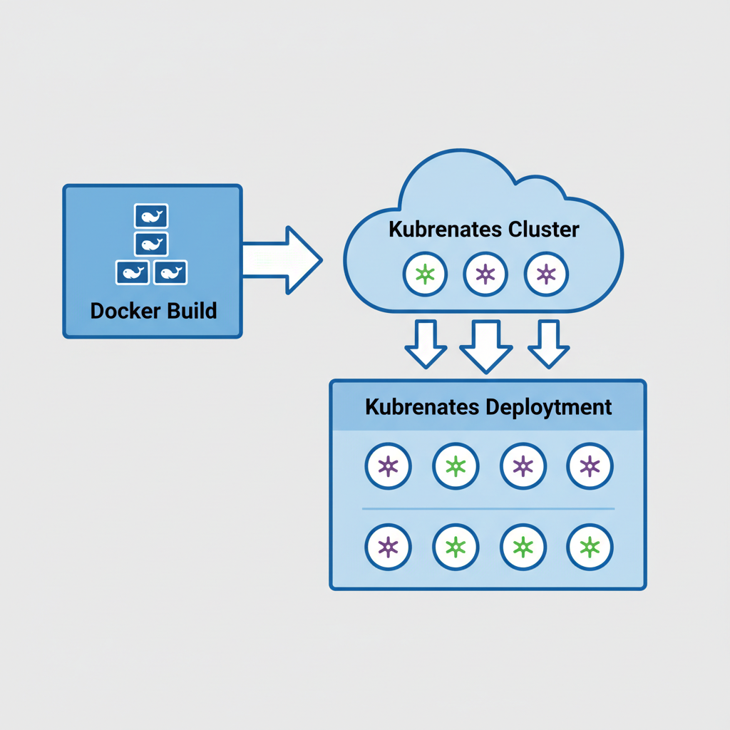 Docker containers building and deploying to Kubernetes pods, arrows showing push to cluster