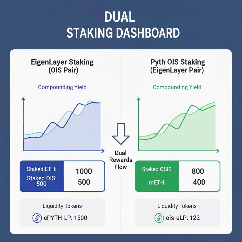 Dual staking dashboard EigenLayer and Pyth OIS paired, yield graphs compounding, liquidity tokens