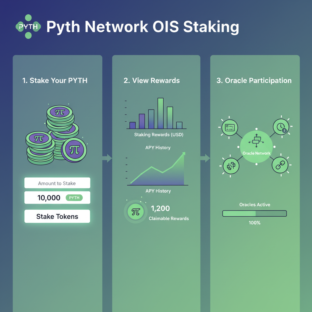 Pyth Network OIS staking interface, PYTH tokens being staked, reward charts, green glowing oracles