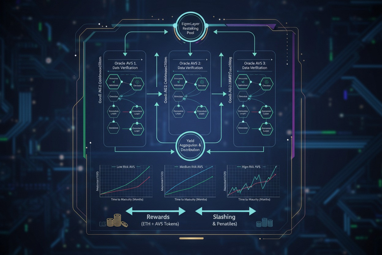 Dynamic visualization of EigenLayer oracle AVS restaking flows and compounded yield curves in 2026, illustrating top strategies like AVS delegation, LRTs, multi-oracle diversification, dynamic switching, layered LST restaking, and slashing insurance for middleware protocols