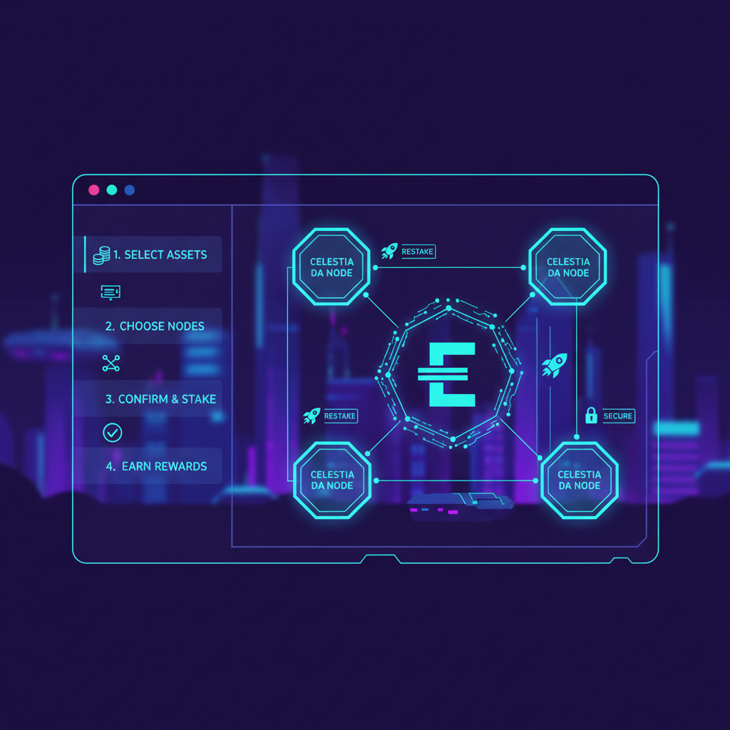 futuristic Ethereum restaking interface with Celestia DA nodes glowing, cyberpunk style, neon blues and purples