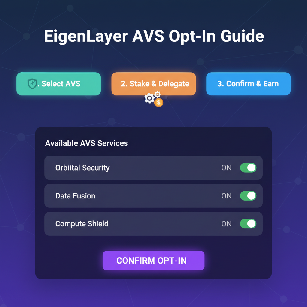 sleek EigenLayer dashboard opting into AVS services glowing buttons